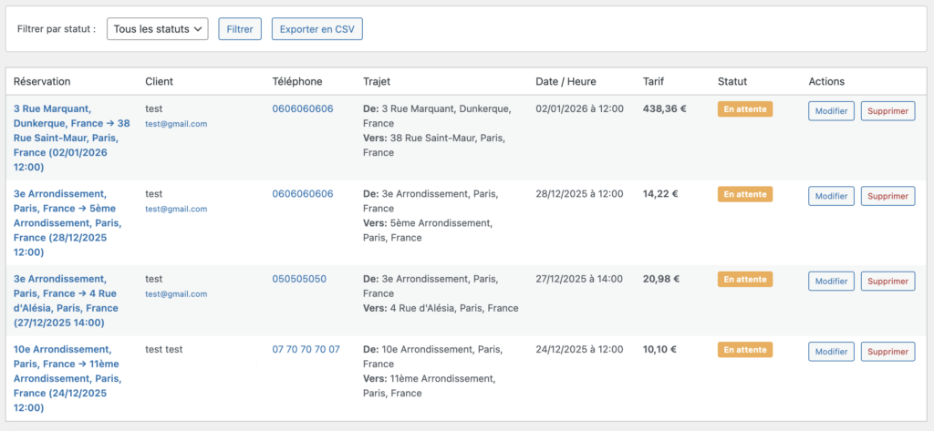 paramétrage des réservations vtc