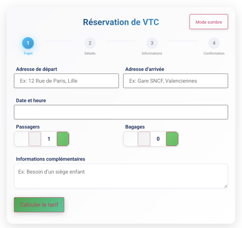 formulaire de réservation VTC en mode clair