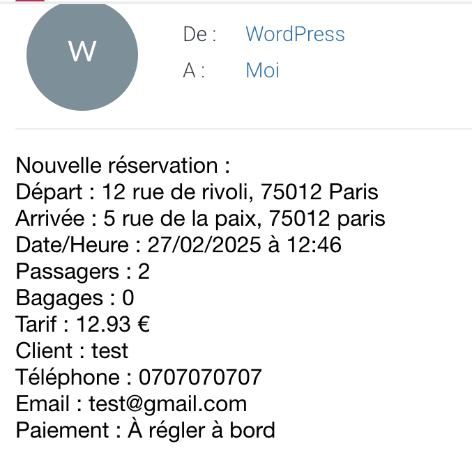 mail récapitulatif dans votre boite mail