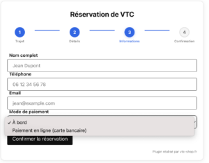 Information du cllient du plugin vtc booking 3.0 avec un paiement à bord ou un paiement en ligne