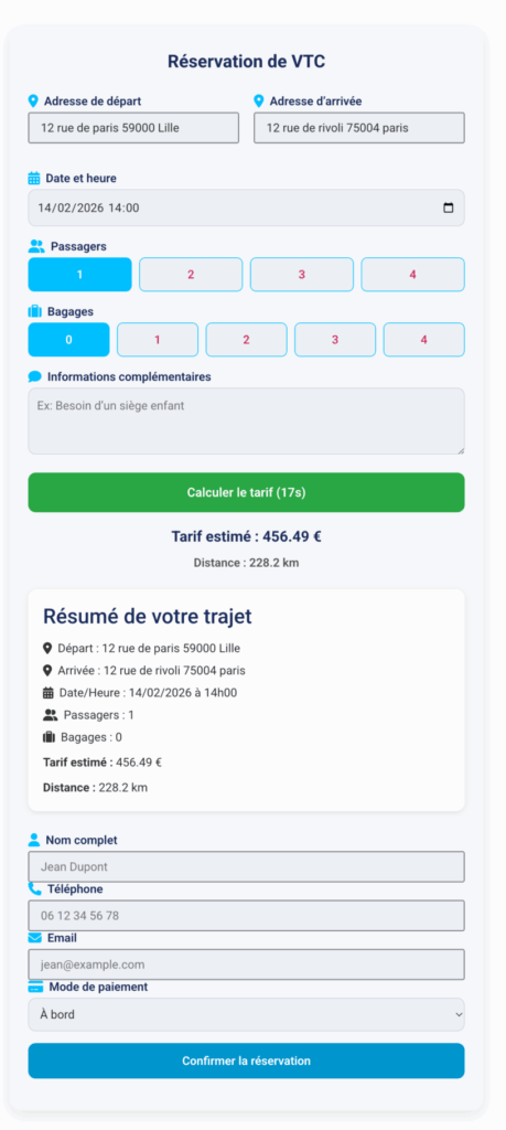 récapitulatif réservation plugin vtc pas cher wordpress