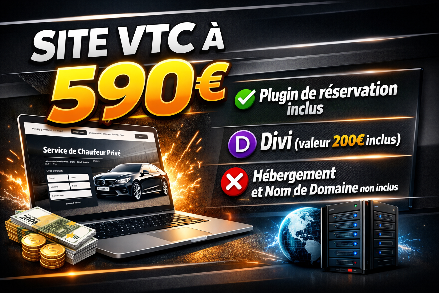 création de site internet vtc pas cher à 590€, plugin de réservation inclus, divi
