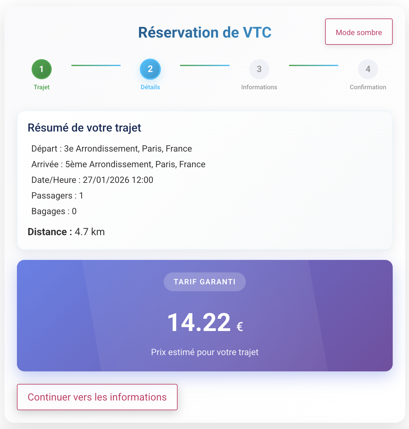 affichage du tarif selon le trajet