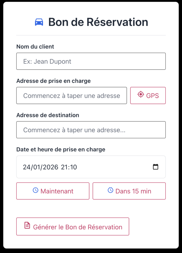 Page de génération de bons de commande VTC