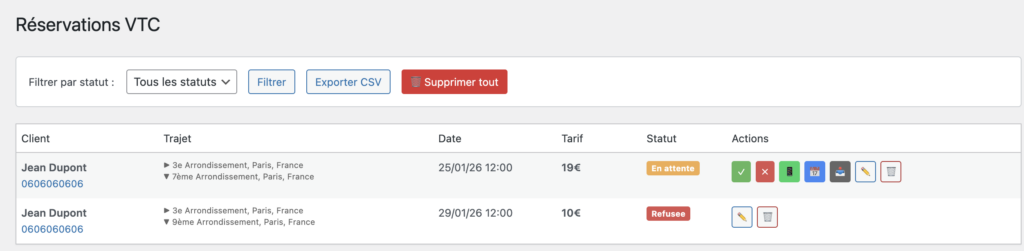 nouveau tableau de bord des réservations