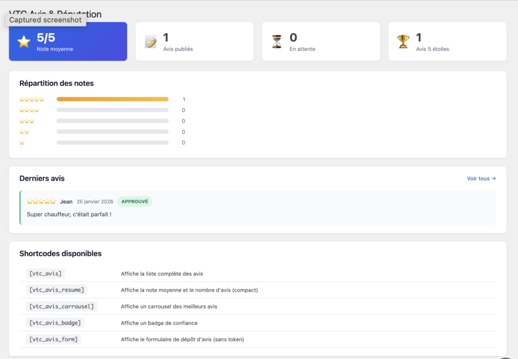 panel d'administration des avis