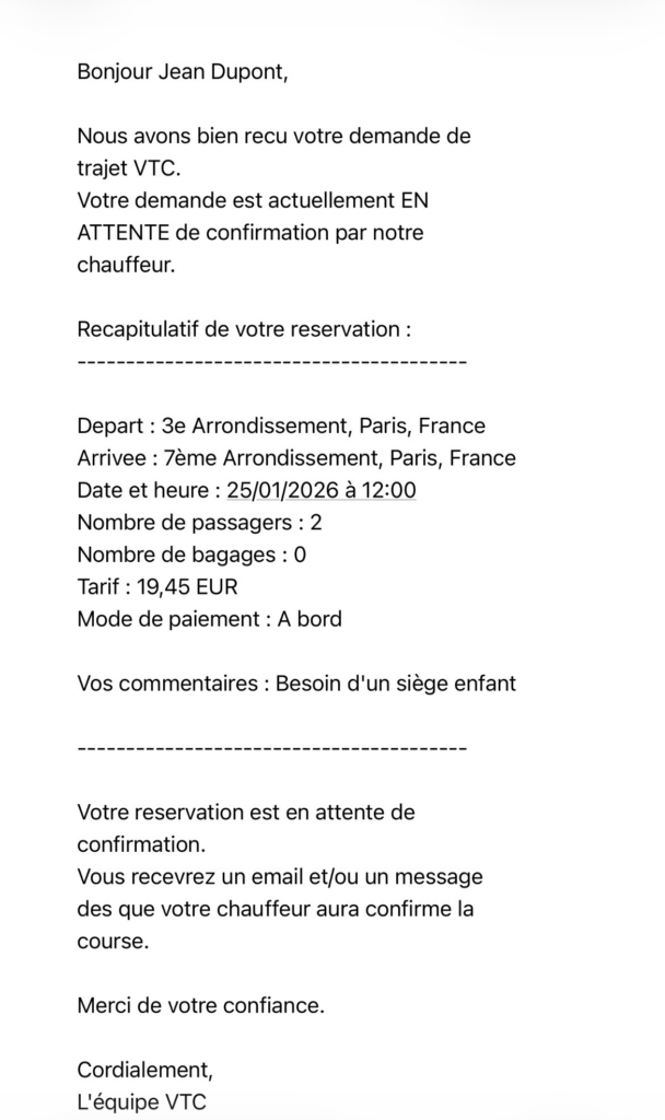 mail que le client reçoit lors d'une demande de réservation