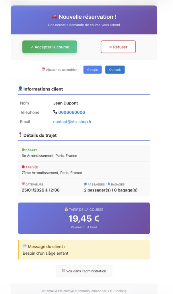 Mail d'information d'une nouvelle réservation