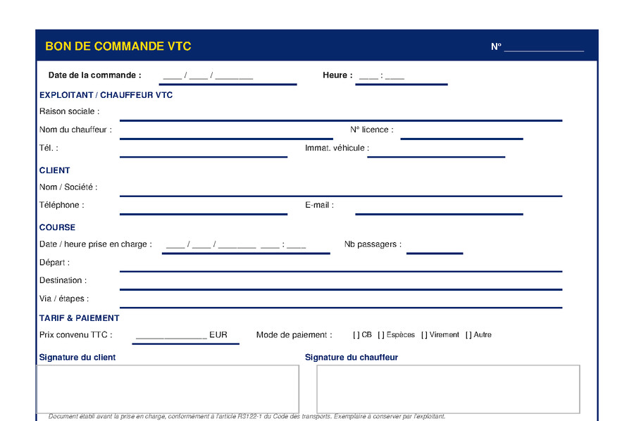 Détail d’un bon de commande VTC : exploitant, client, course, tarif et signatures